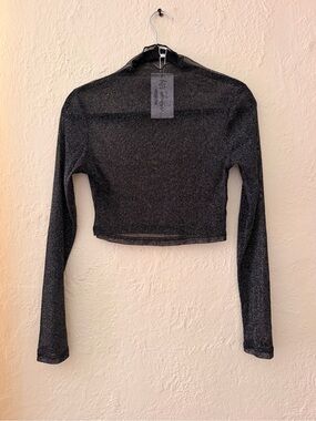 12th Tribe Metallic Black Long-Sleeve Crop Top